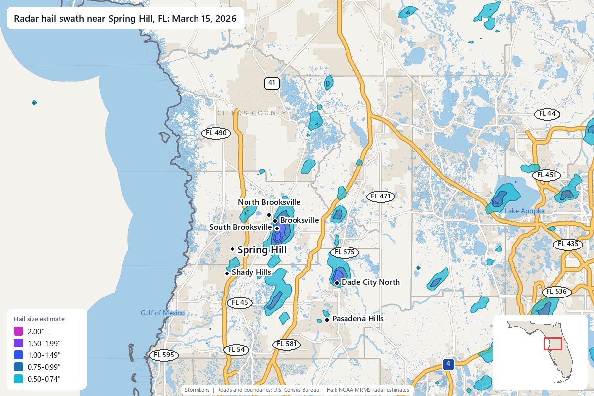 Radar-estimated hail swath near Spring Hill, FL on March 15, 2026; colors show estimated hail sizes