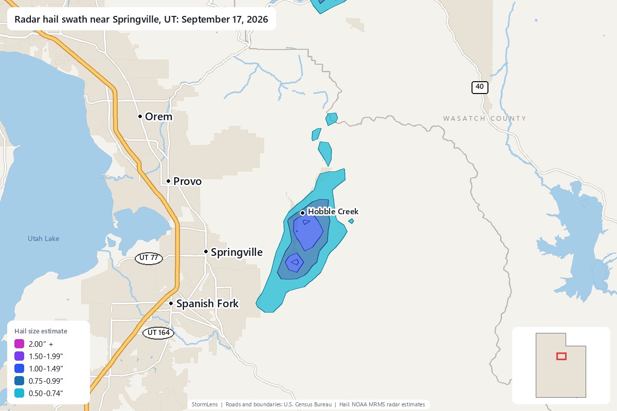 Radar-estimated hail swath near Springville, UT on September 17, 2026; colors show estimated hail sizes