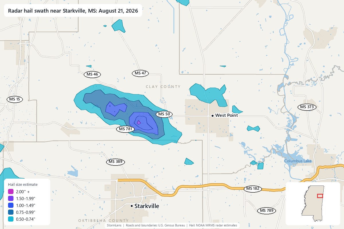 Radar-estimated hail swath near Starkville, MS on August 21, 2026; colors show estimated hail sizes