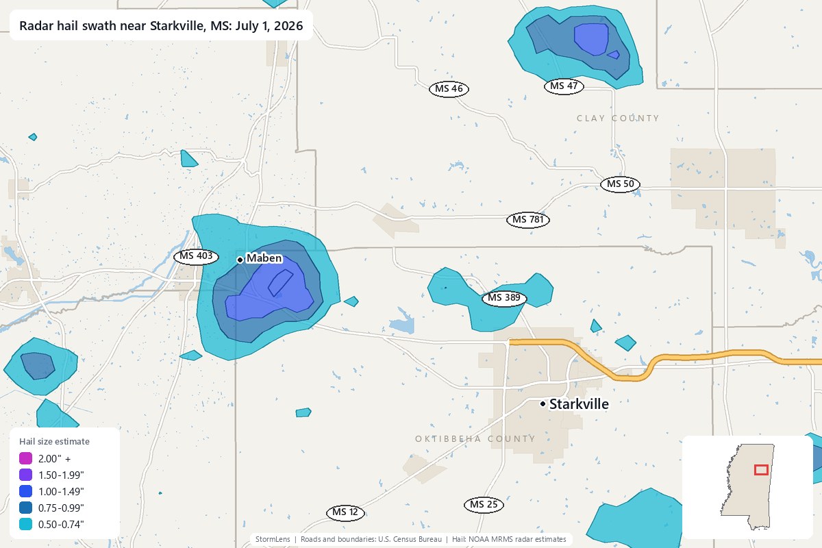 Radar-estimated hail swath near Starkville, MS on July 1, 2026; colors show estimated hail sizes