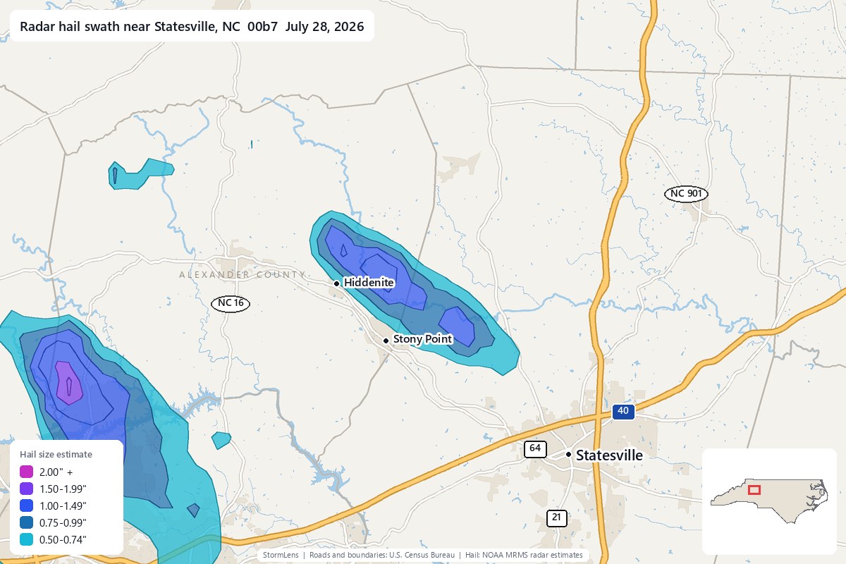 Radar-estimated hail swath near Statesville, NC on July 28, 2026; colors show estimated hail sizes