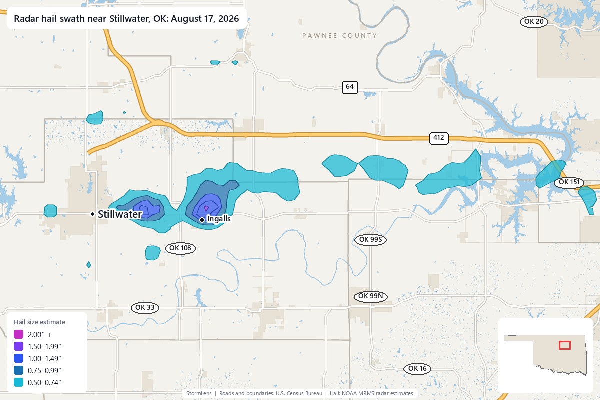 Radar-estimated hail swath near Stillwater, OK on August 17, 2026; colors show estimated hail sizes