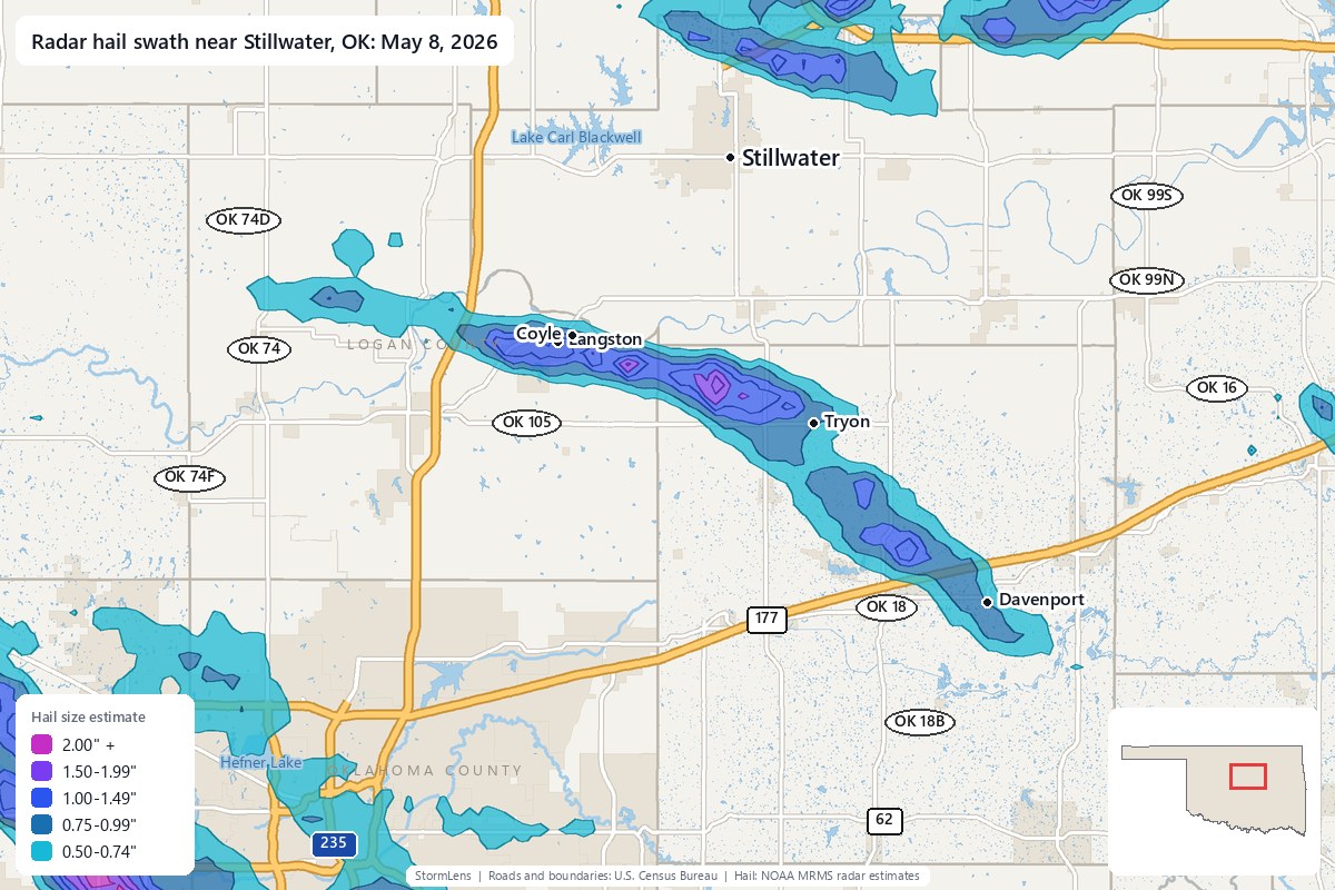 Radar-estimated hail swath near Stillwater, OK on May 8, 2026; colors show estimated hail sizes