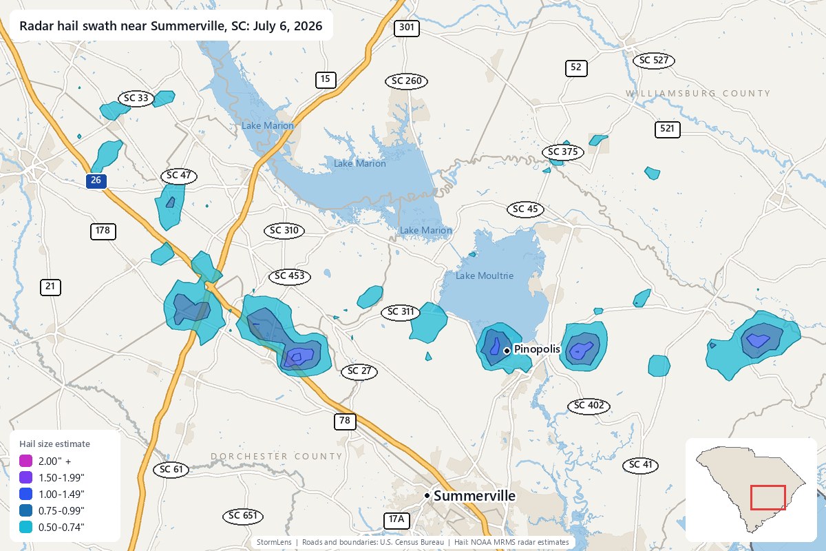 Radar-estimated hail swath near Summerville, SC on July 6, 2026; colors show estimated hail sizes