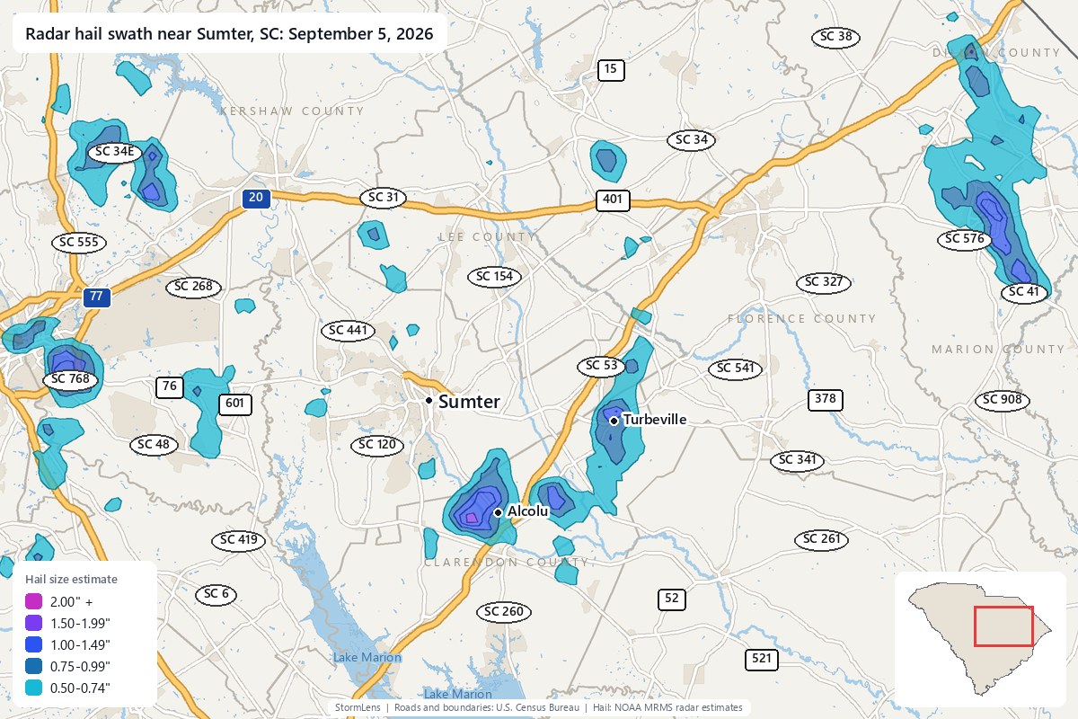 Radar-estimated hail swath near Sumter, SC on September 5, 2026; colors show estimated hail sizes