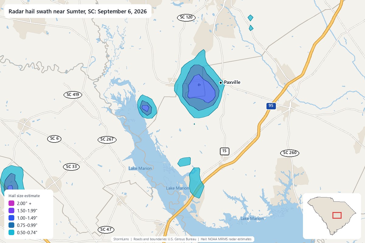 Radar-estimated hail swath near Sumter, SC on September 6, 2026; colors show estimated hail sizes
