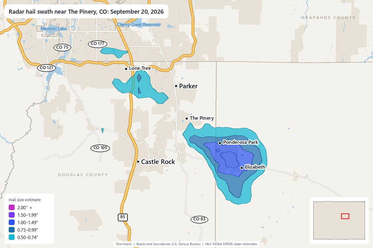 Radar-estimated hail swath near The Pinery, CO on September 20, 2026; colors show estimated hail sizes