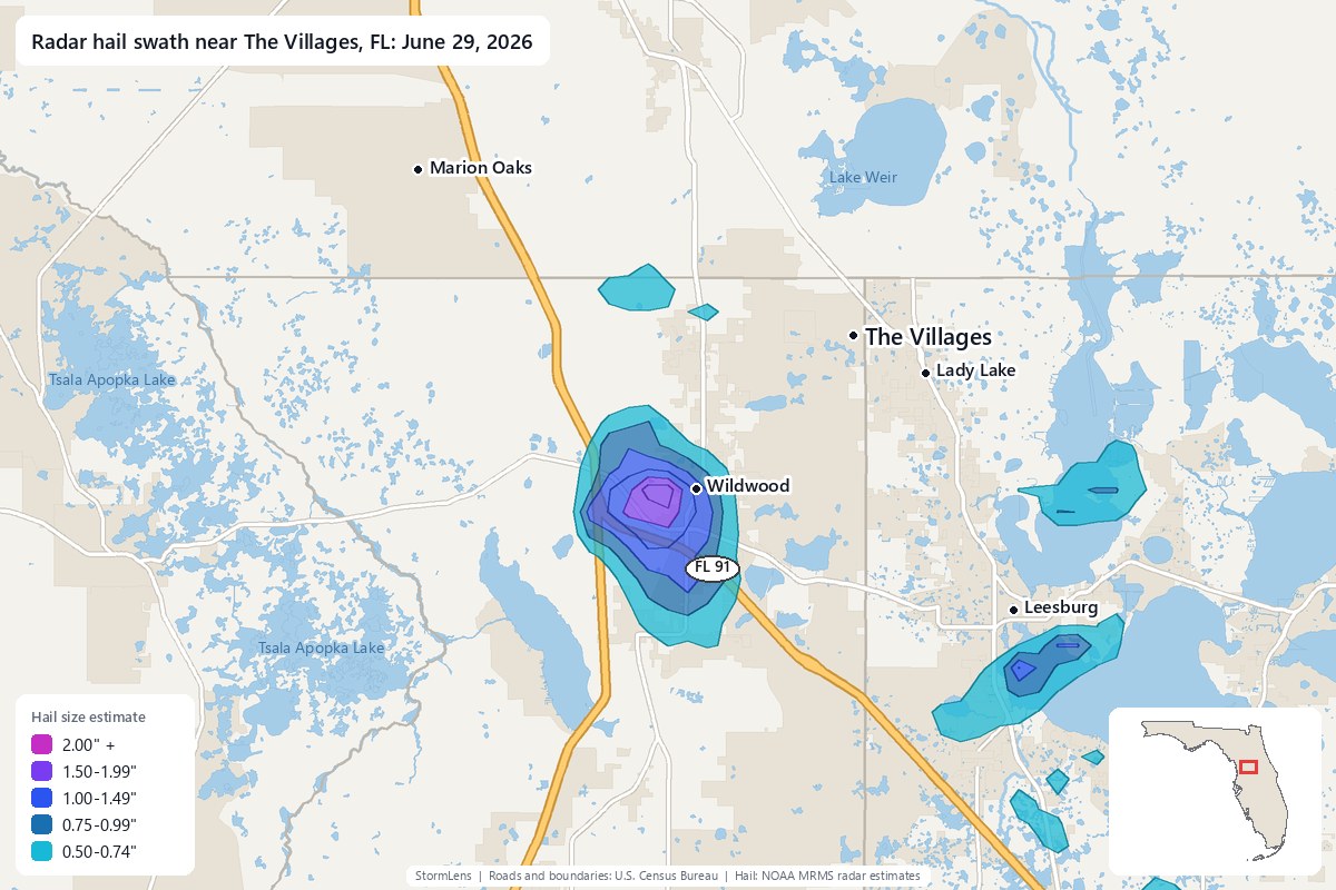 Radar-estimated hail swath near The Villages, FL on June 29, 2026; colors show estimated hail sizes