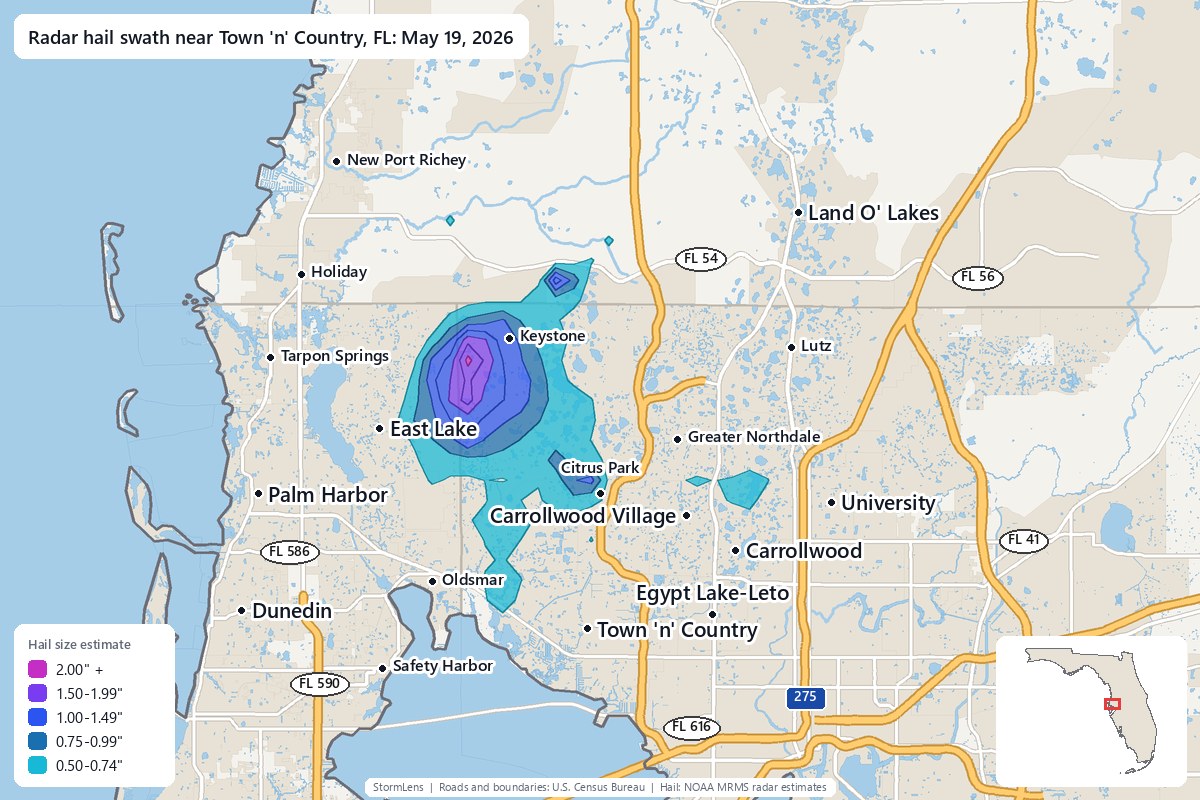 Radar-estimated hail swath near Town 'n' Country, FL on May 19, 2026; colors show estimated hail sizes