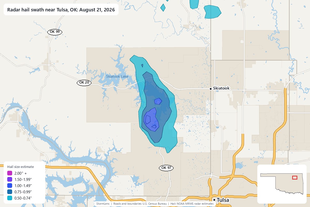 Radar-estimated hail swath near Tulsa, OK on August 21, 2026; colors show estimated hail sizes