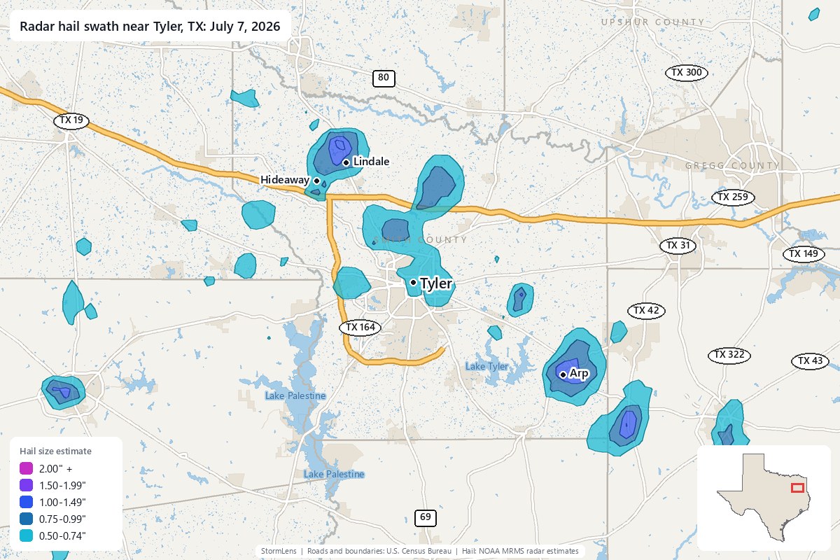 Radar-estimated hail swath near Tyler, TX on July 7, 2026; colors show estimated hail sizes