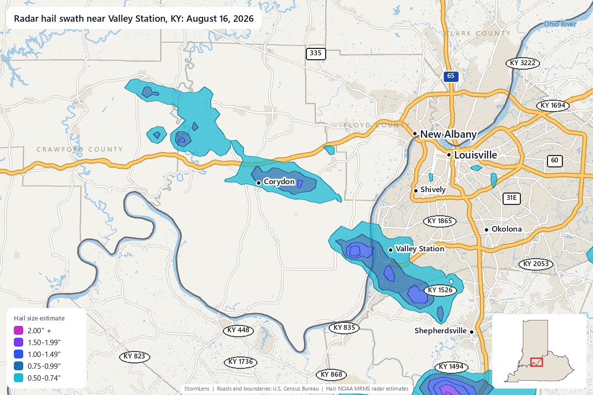 Radar-estimated hail swath near Valley Station, KY on August 16, 2026; colors show estimated hail sizes