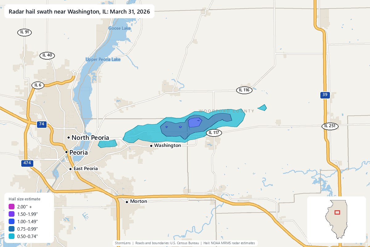 Radar-estimated hail swath near Washington, IL on March 31, 2026; colors show estimated hail sizes