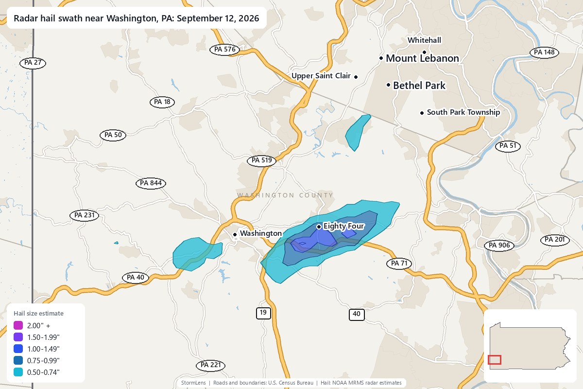 Radar-estimated hail swath near Washington, PA on September 12, 2026; colors show estimated hail sizes
