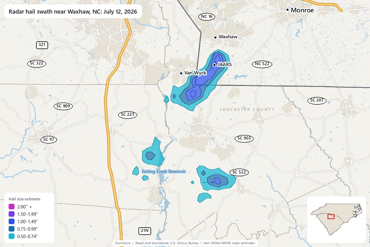 Radar-estimated hail swath near Waxhaw, NC on July 12, 2026; colors show estimated hail sizes