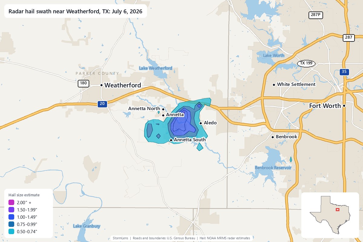 Radar-estimated hail swath near Weatherford, TX on July 6, 2026; colors show estimated hail sizes