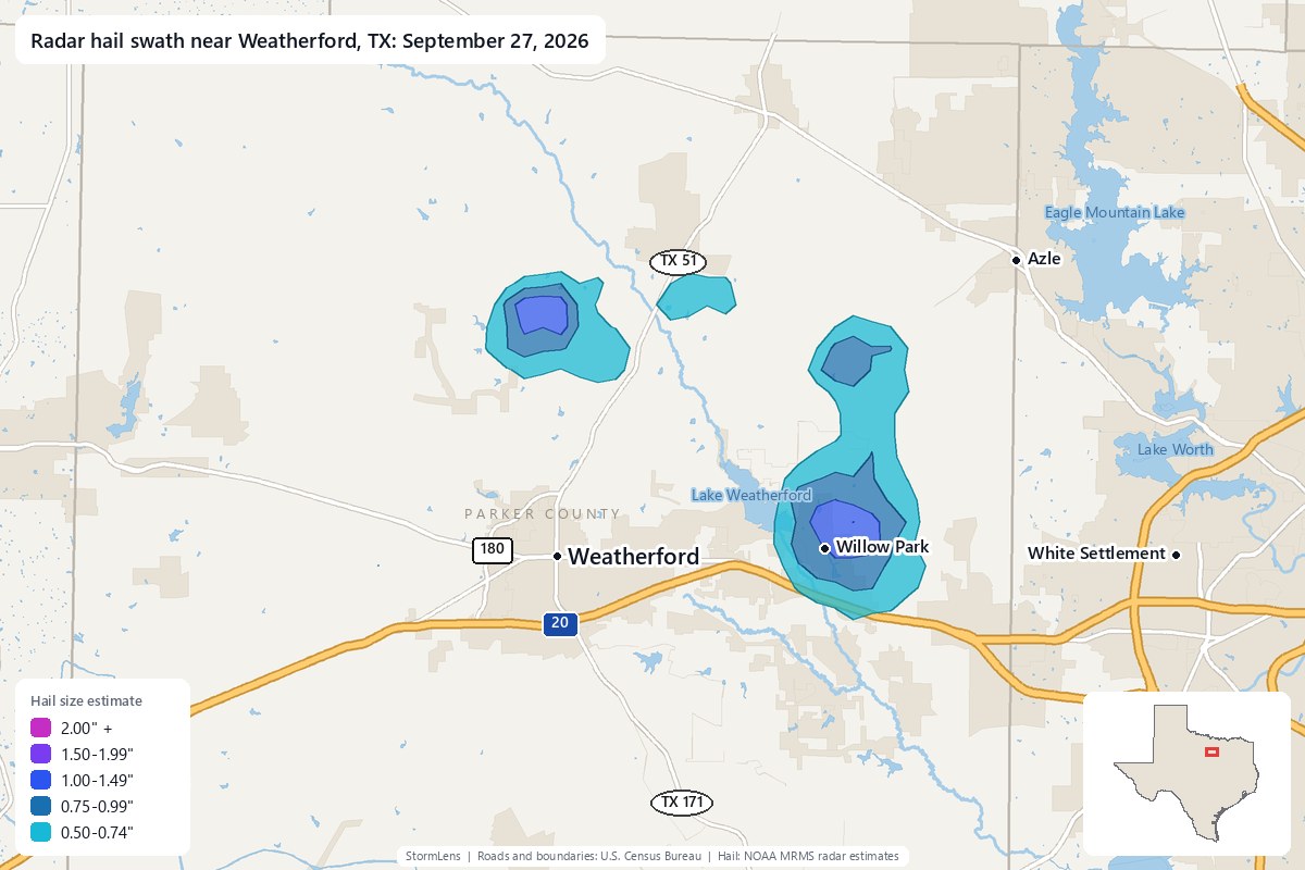 Radar-estimated hail swath near Weatherford, TX on September 27, 2026; colors show estimated hail sizes