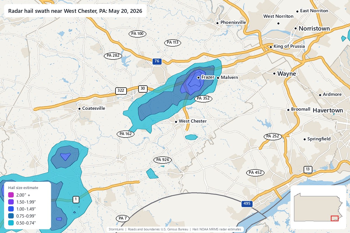 Radar-estimated hail swath near West Chester, PA on May 20, 2026; colors show estimated hail sizes