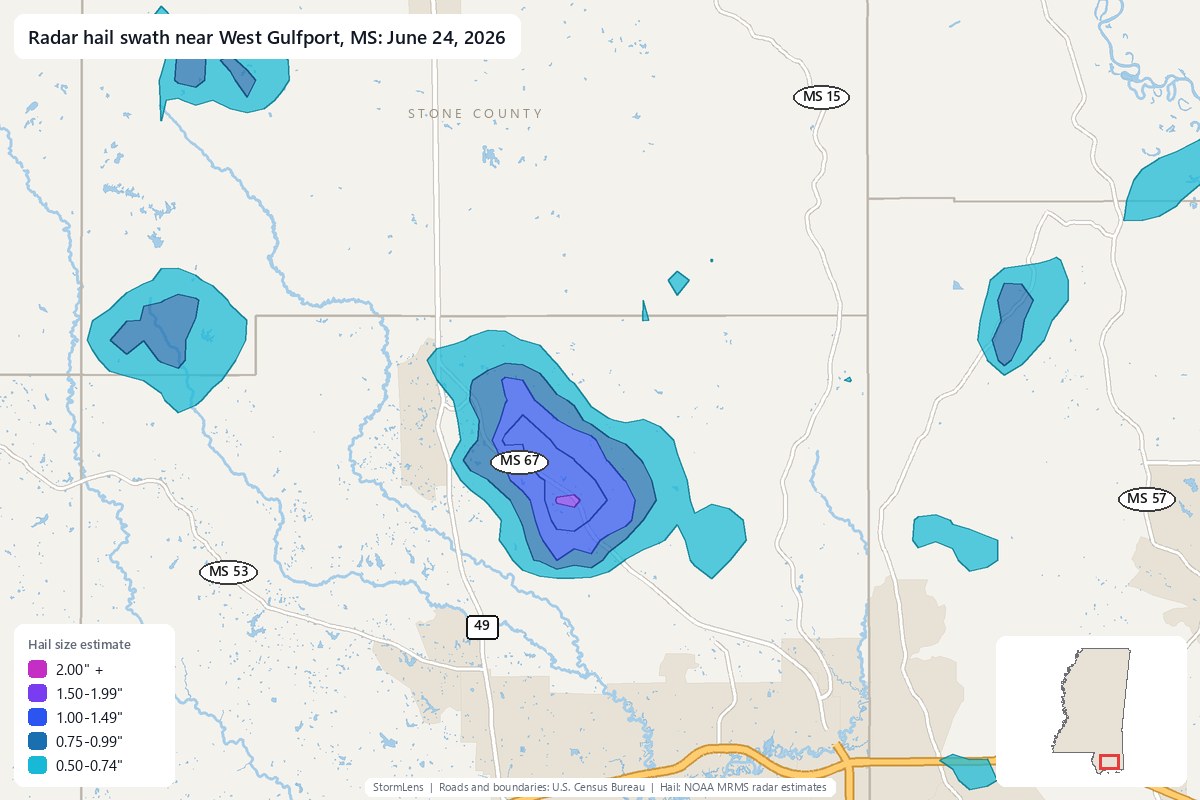 Radar-estimated hail swath near West Gulfport, MS on June 24, 2026; colors show estimated hail sizes