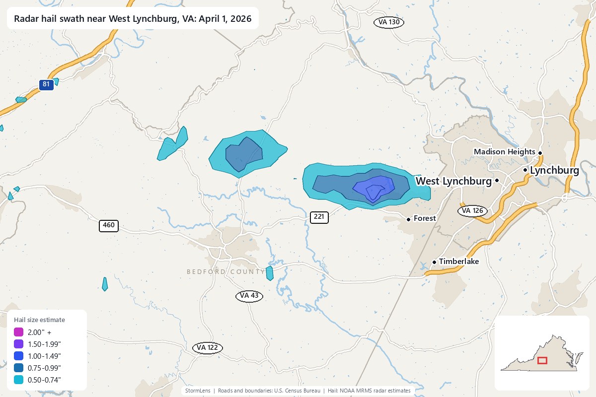 Radar-estimated hail swath near West Lynchburg, VA on April 1, 2026; colors show estimated hail sizes