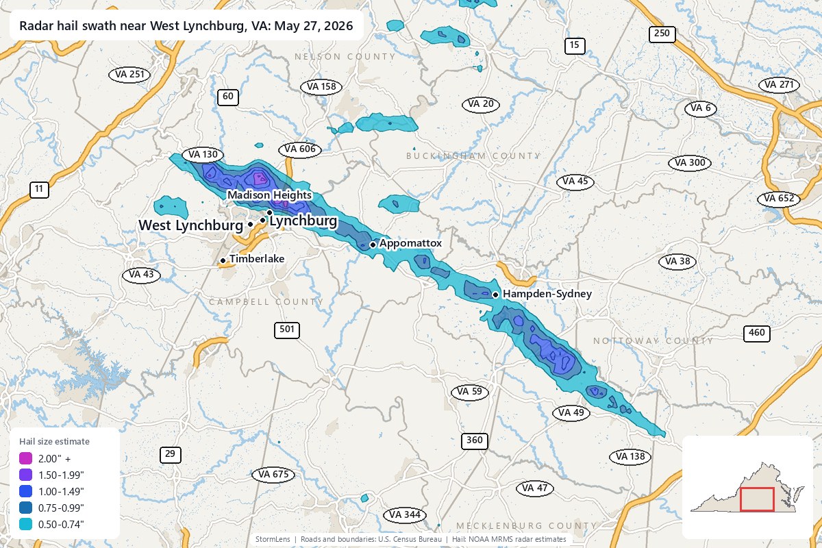 Radar-estimated hail swath near West Lynchburg, VA on May 27, 2026; colors show estimated hail sizes