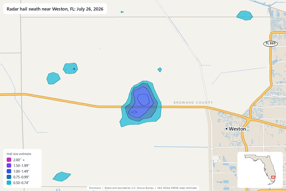 Radar-estimated hail swath near Weston, FL on July 26, 2026; colors show estimated hail sizes