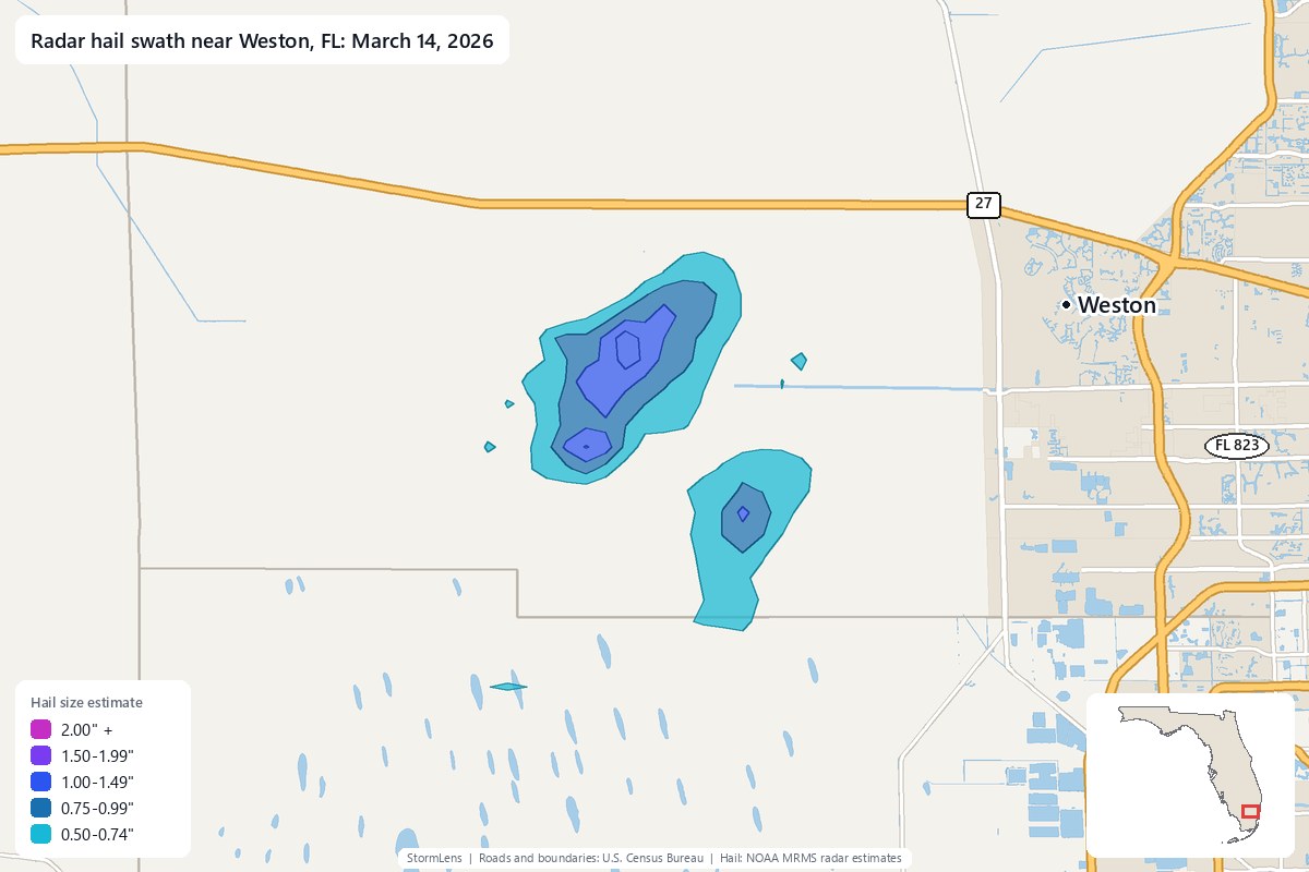 Radar-estimated hail swath near Weston, FL on March 14, 2026; colors show estimated hail sizes