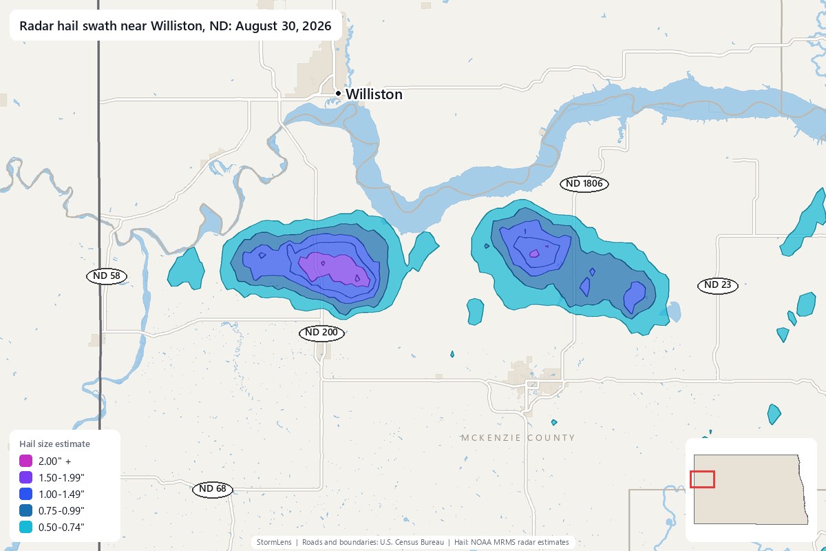 Radar-estimated hail swath near Williston, ND on August 30, 2026; colors show estimated hail sizes