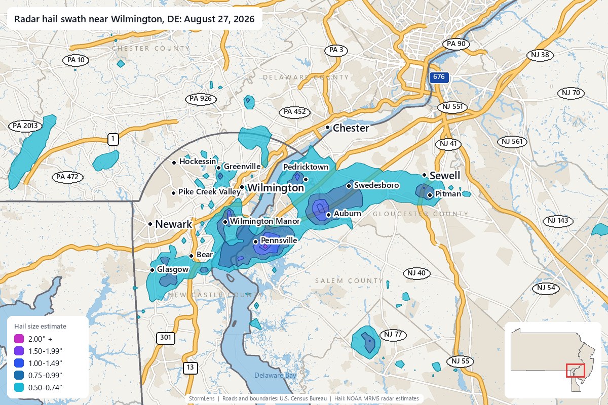 Radar-estimated hail swath near Wilmington, DE on August 27, 2026; colors show estimated hail sizes