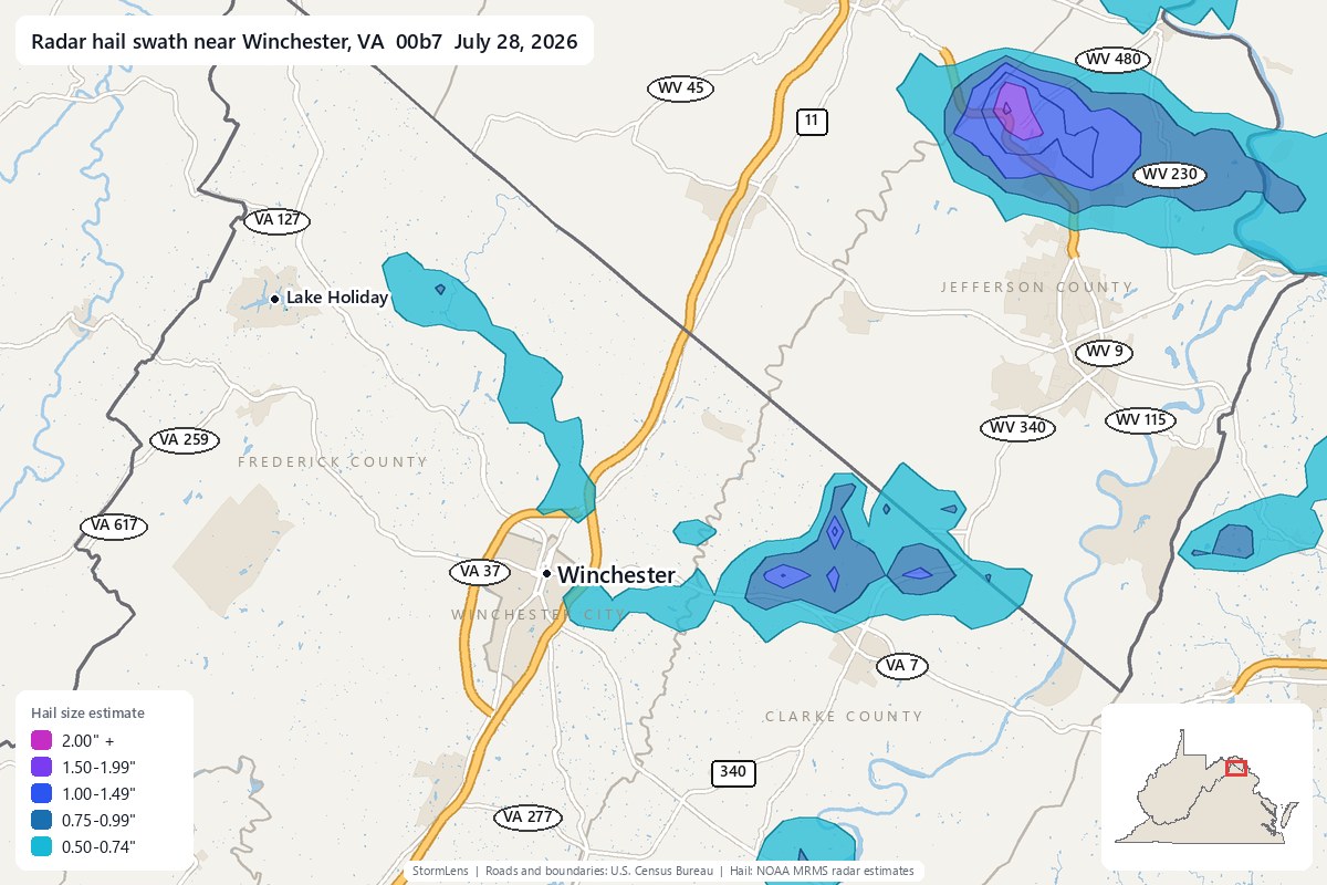 Radar-estimated hail swath near Winchester, VA on July 28, 2026; colors show estimated hail sizes