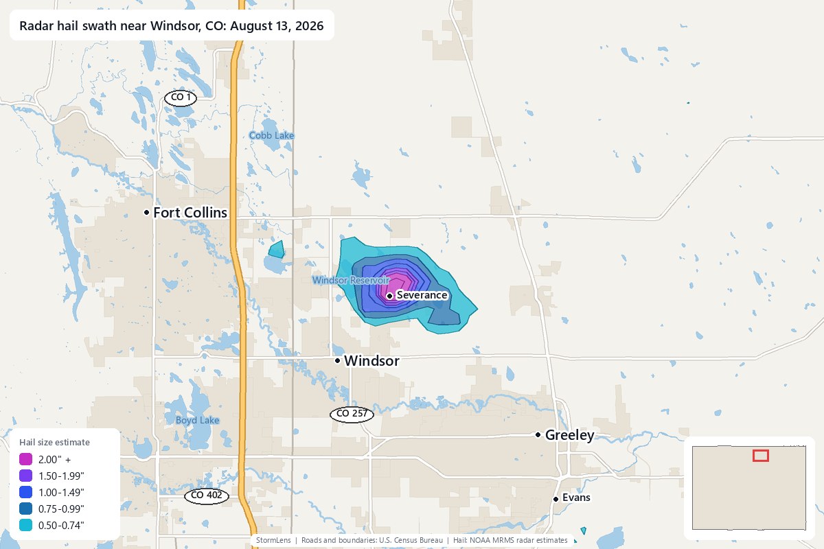Radar-estimated hail swath near Windsor, CO on August 13, 2026; colors show estimated hail sizes