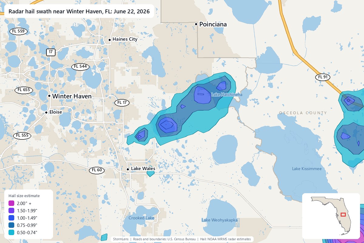 Radar-estimated hail swath near Winter Haven, FL on June 22, 2026; colors show estimated hail sizes