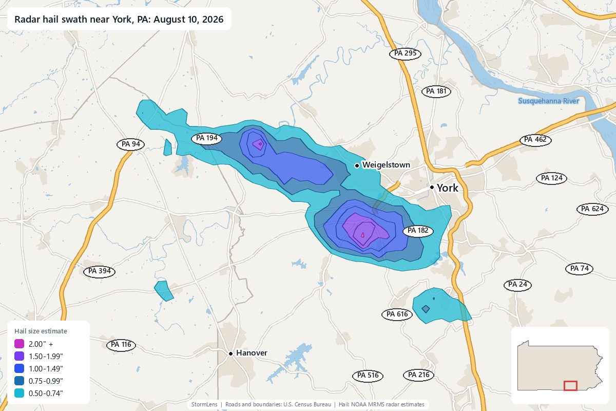 Radar-estimated hail swath near York, PA on August 10, 2026; colors show estimated hail sizes