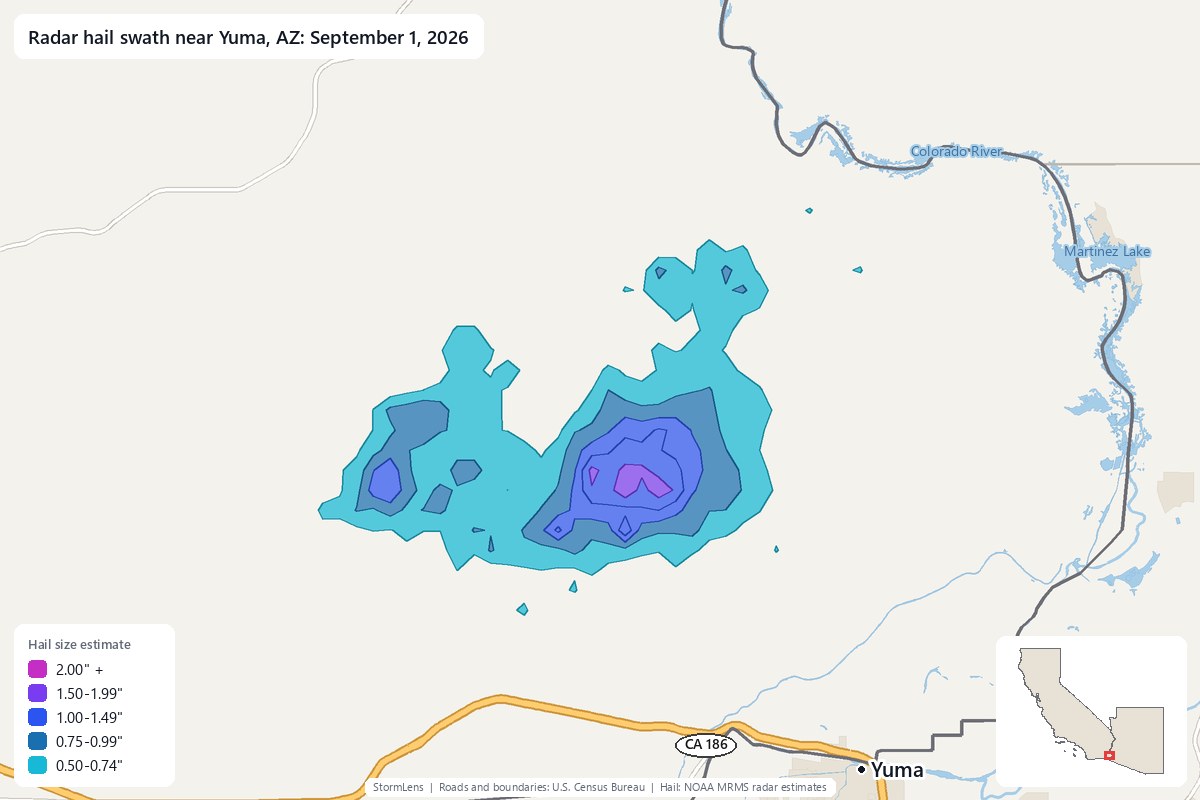 Radar-estimated hail swath near Yuma, AZ on September 1, 2026; colors show estimated hail sizes