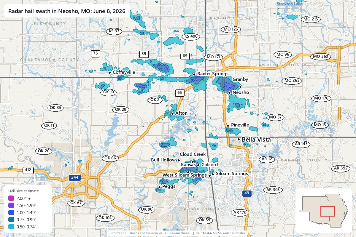 Radar-estimated hail swath in Neosho, MO on June 8, 2026; colors show estimated hail sizes