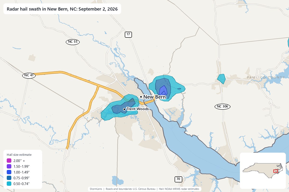 Radar-estimated hail swath in New Bern, NC on September 2, 2026; colors show estimated hail sizes