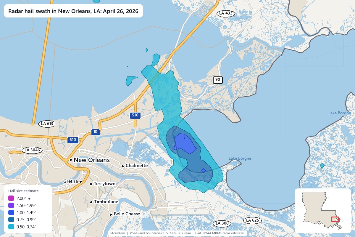 Radar-estimated hail swath in New Orleans, LA on April 26, 2026; colors show estimated hail sizes