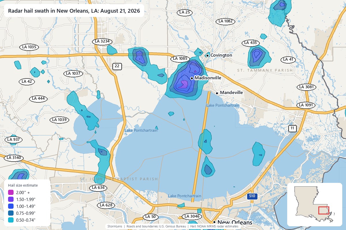 Radar-estimated hail swath in New Orleans, LA on August 21, 2026; colors show estimated hail sizes