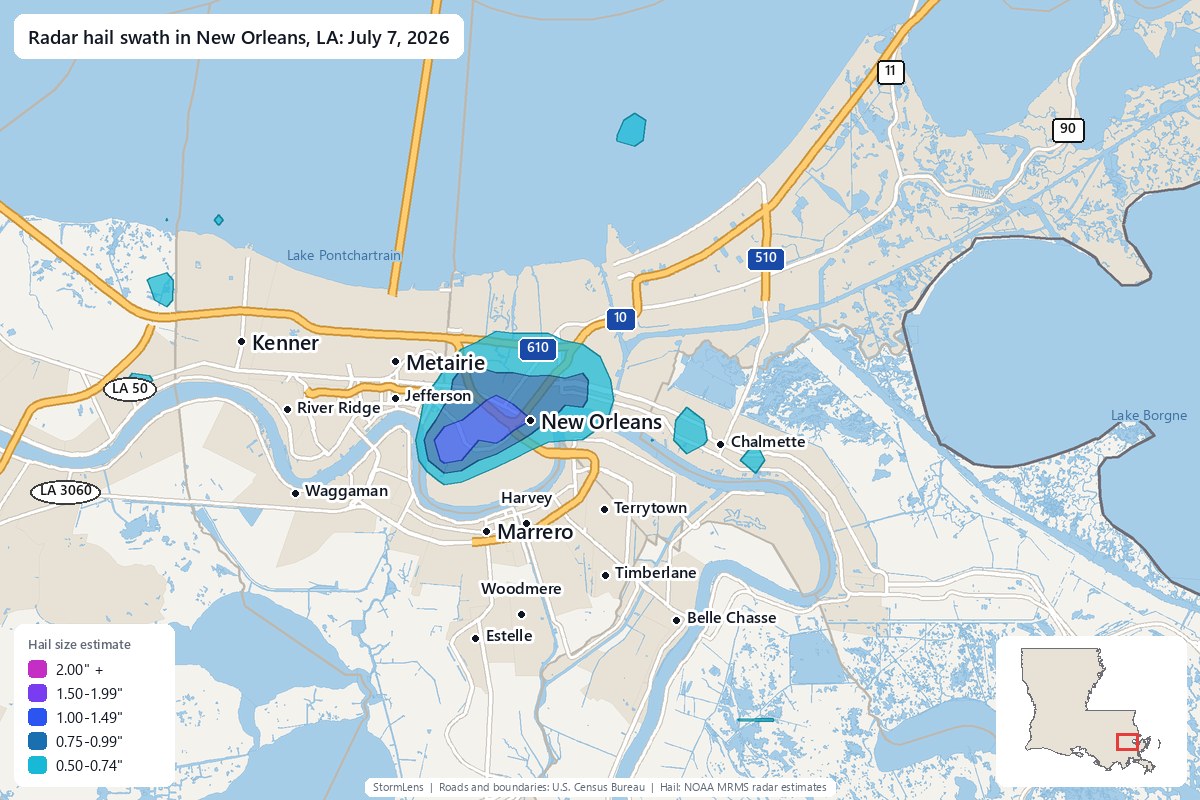 Radar-estimated hail swath in New Orleans, LA on July 7, 2026; colors show estimated hail sizes
