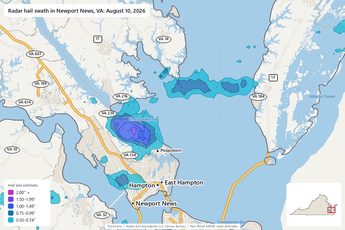 Radar-estimated hail swath in Newport News, VA on August 10, 2026; colors show estimated hail sizes