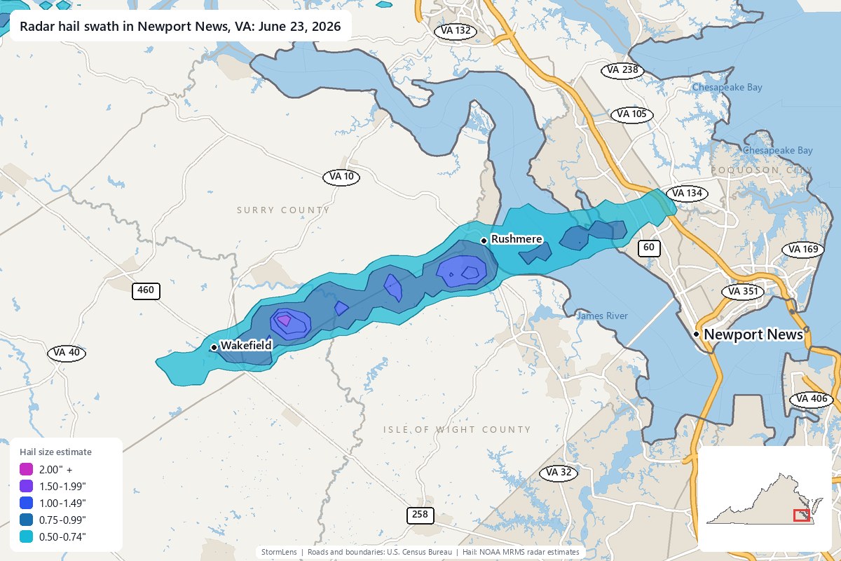 Radar-estimated hail swath in Newport News, VA on June 23, 2026; colors show estimated hail sizes