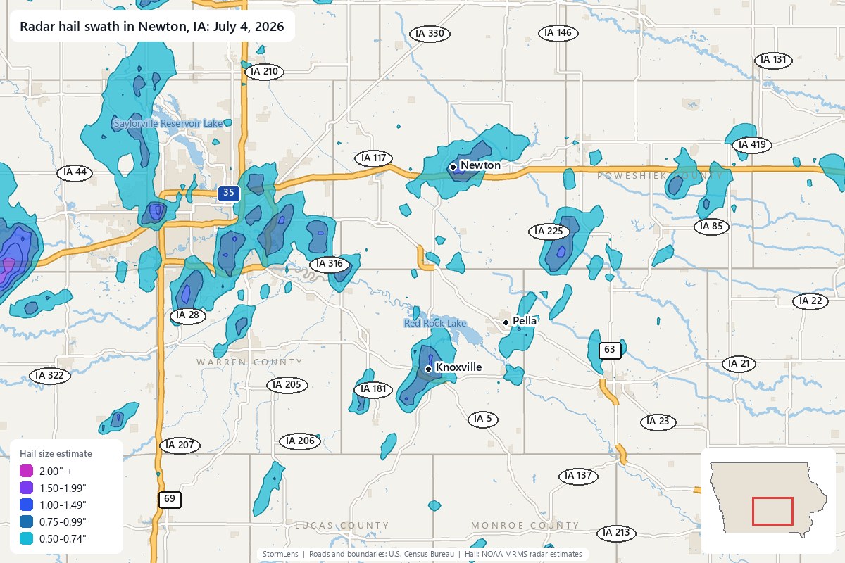 Radar-estimated hail swath in Newton, IA on July 4, 2026; colors show estimated hail sizes