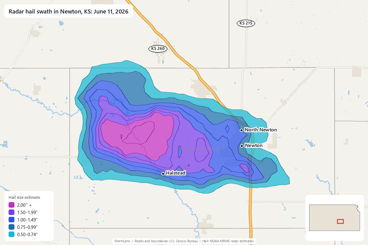 Radar-estimated hail swath in Newton, KS on June 11, 2026; colors show estimated hail sizes