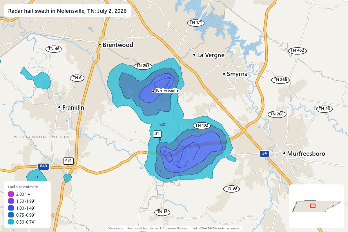 Radar-estimated hail swath in Nolensville, TN on July 2, 2026; colors show estimated hail sizes