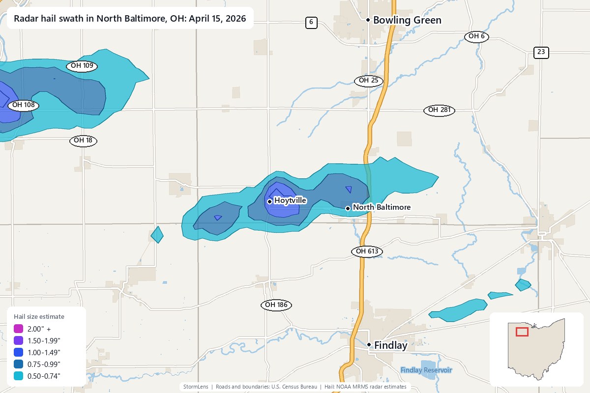 Radar-estimated hail swath in North Baltimore, OH on April 15, 2026; colors show estimated hail sizes