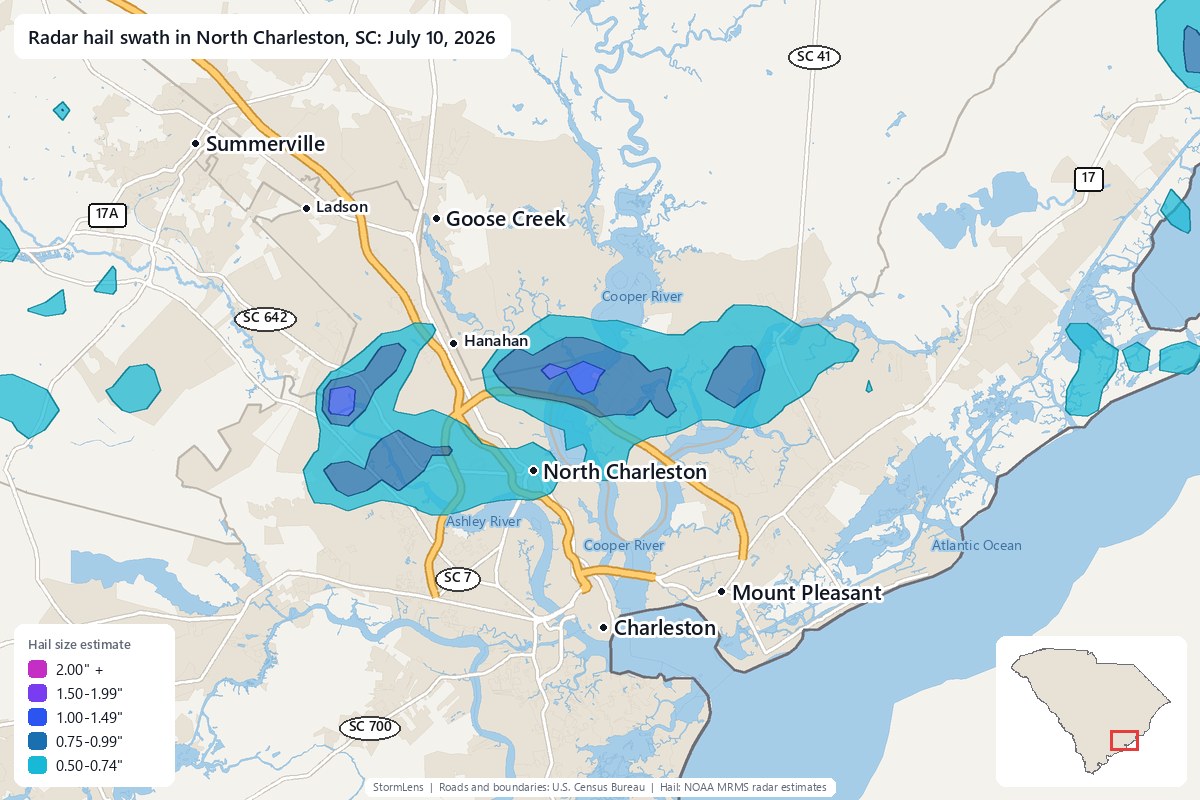 Radar-estimated hail swath in North Charleston, SC on July 10, 2026; colors show estimated hail sizes
