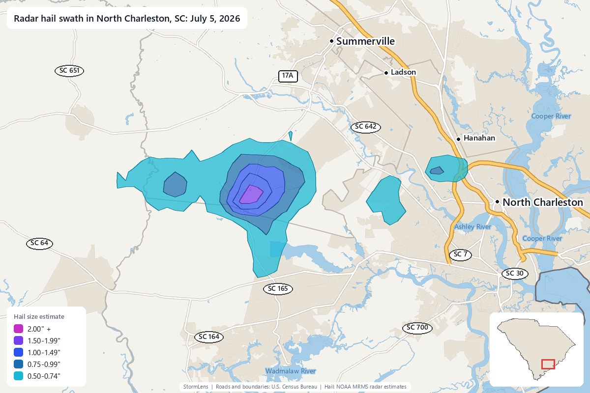 Radar-estimated hail swath in North Charleston, SC on July 5, 2026; colors show estimated hail sizes