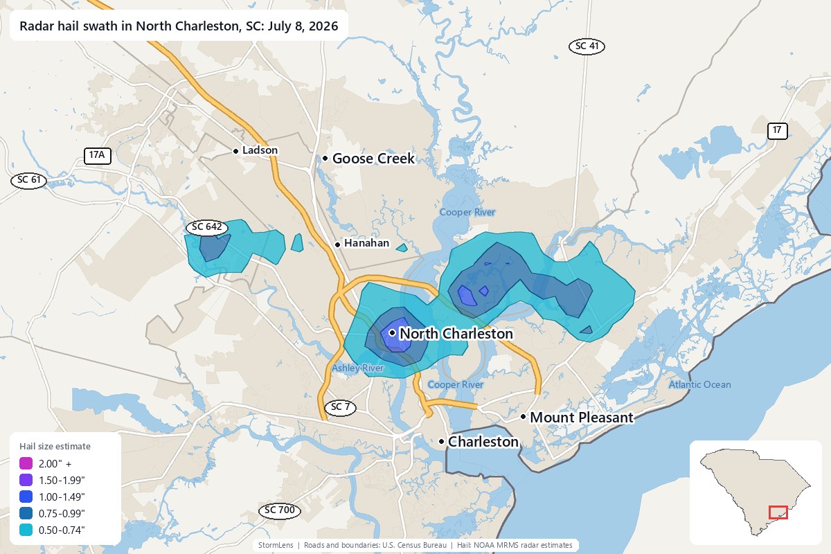 Radar-estimated hail swath in North Charleston, SC on July 8, 2026; colors show estimated hail sizes