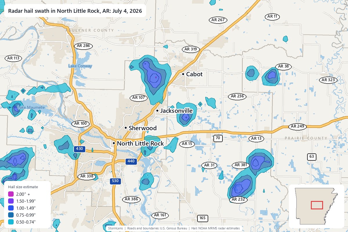 Radar-estimated hail swath in North Little Rock, AR on July 4, 2026; colors show estimated hail sizes