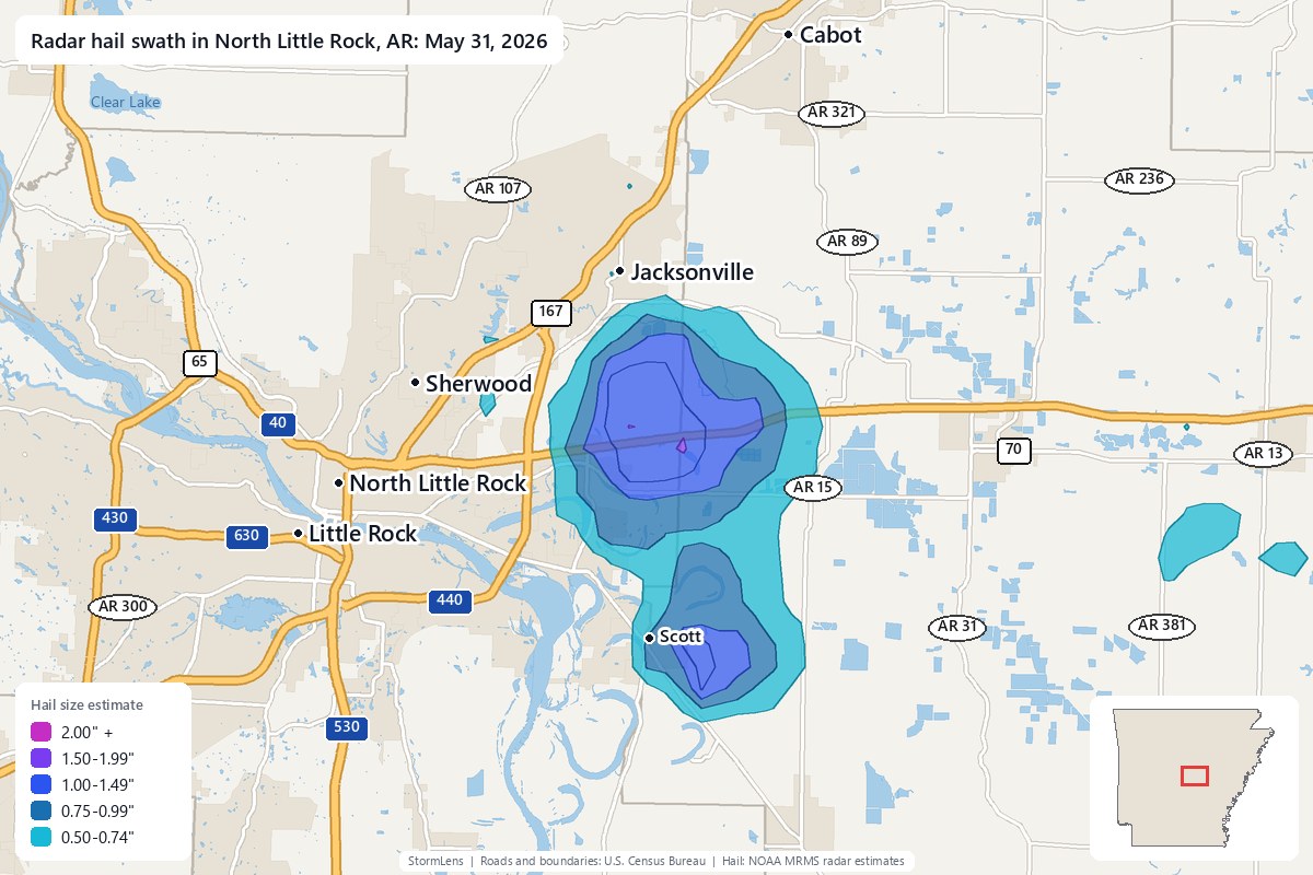Radar-estimated hail swath in North Little Rock, AR on May 31, 2026; colors show estimated hail sizes